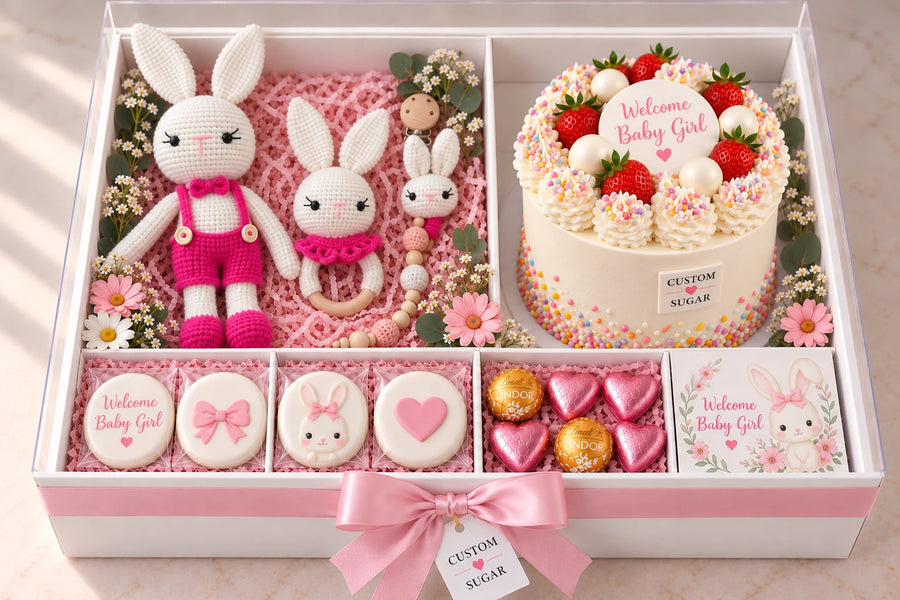 Cake & Crochet Gift Box — Baby Girl Bunny