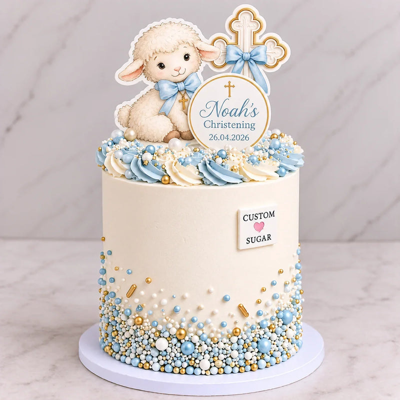 Custom Sugar personalised blue lamb christening cake