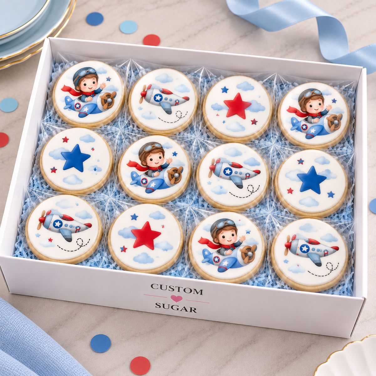 Aeroplane Cookies in the matching Custom Sugar celebration design