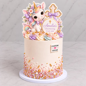 Custom Sugar Unicorn Christening Cake personalised cake topper