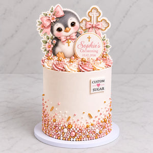 Custom Sugar Penguin Christening Cake personalised cake topper